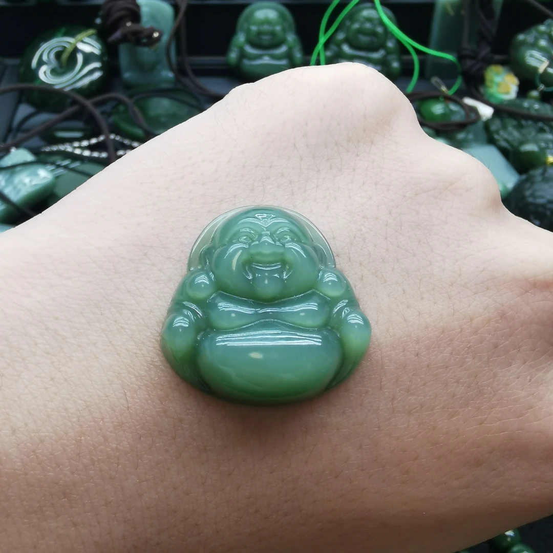 碧玉粉青粉绿大肚弥勒佛公手工精雕28mm