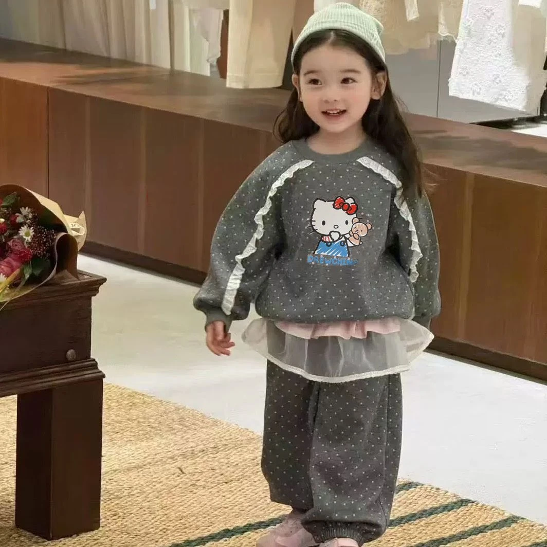2025秋季新款女童Ins波点套装小女孩花边蕾丝外穿卫衣两件套