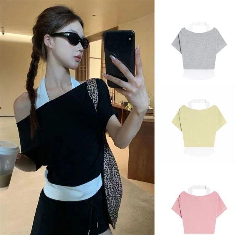 【ZHAP】辣妹露肩挂脖假两件撞色短袖t恤女黑色百搭修身显瘦上衣