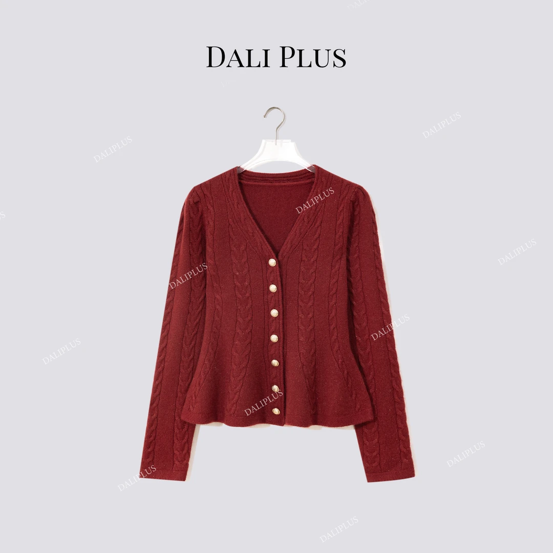 DALI PLUS“收腰V领毛衣”羊驼毛羊毛混纺V领麻花针织衫-D5MM3350