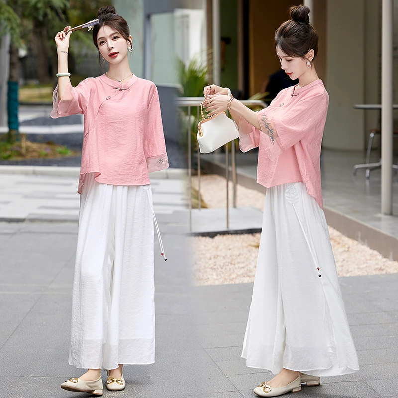 新中式国风刺绣棉麻套装女2025夏季新款复古盘扣宽松阔腿裤两件套