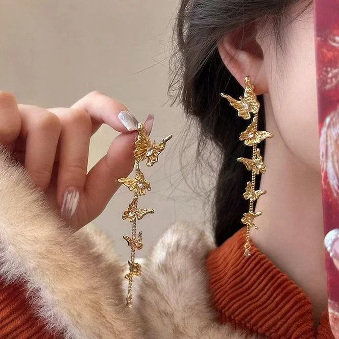 铜合金耳饰 「流金蝶恋」金色蝴蝶耳环新款爆款轻奢流苏独特耳饰女