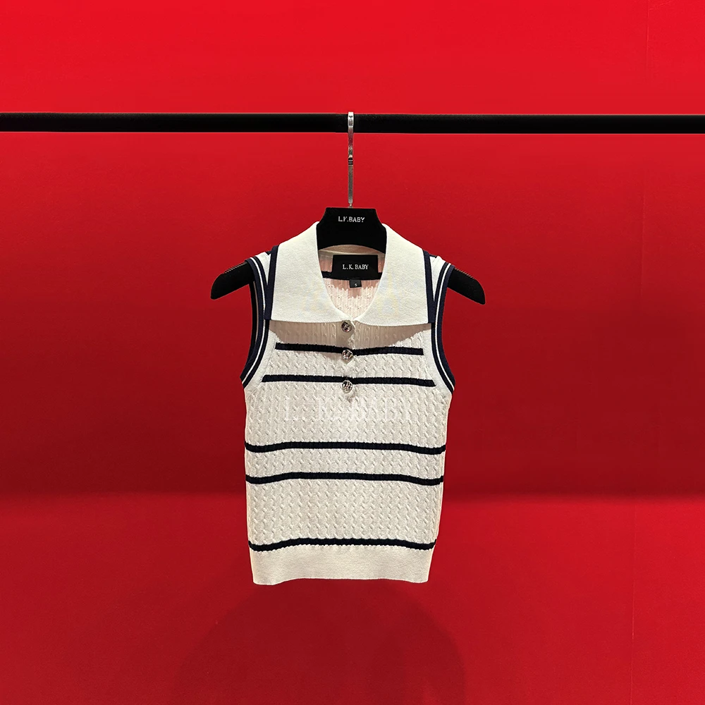 【L.K.BABY】心动旋律 时髦洋气百搭撞色条纹翻领无袖背心W093