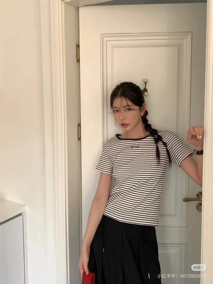 C34-2四色“DON'T”字母条纹短袖