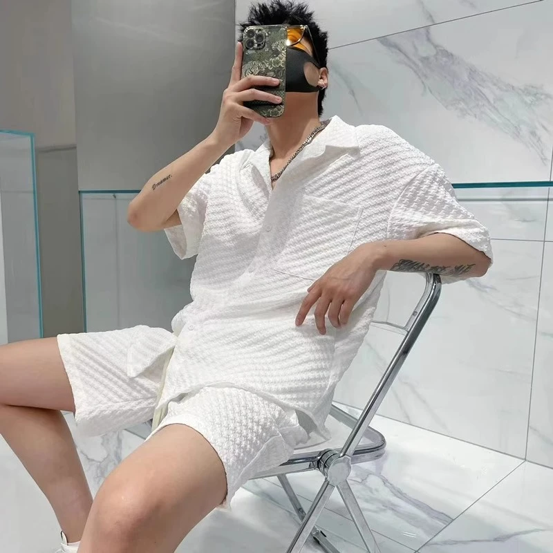 仓石一树休闲套装男士夏季薄款设计感短袖衬衫短裤运动宽松两件套