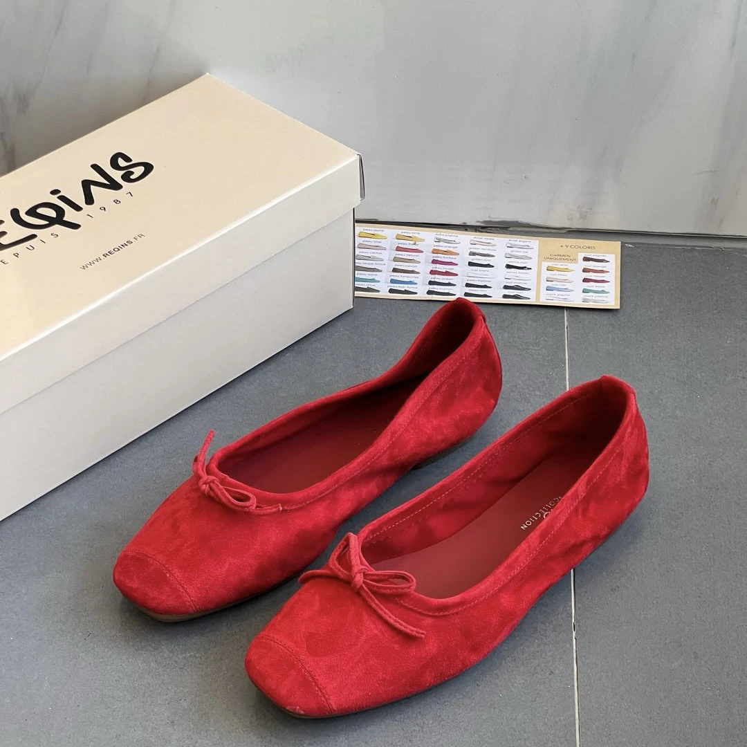易梦玲同款reqins芭蕾鞋法式羊皮复古平底粗跟蝴蝶结跳舞鞋单鞋女