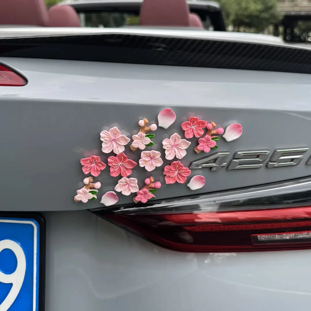 3D立体桃花车贴汽车摆件电动车内饰装饰无痕点胶花朵樱花饰品