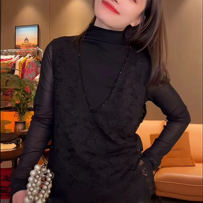 春季百搭重工蕾丝马甲女2025春季新款钉珠边砍袖纯色气质马夹9033