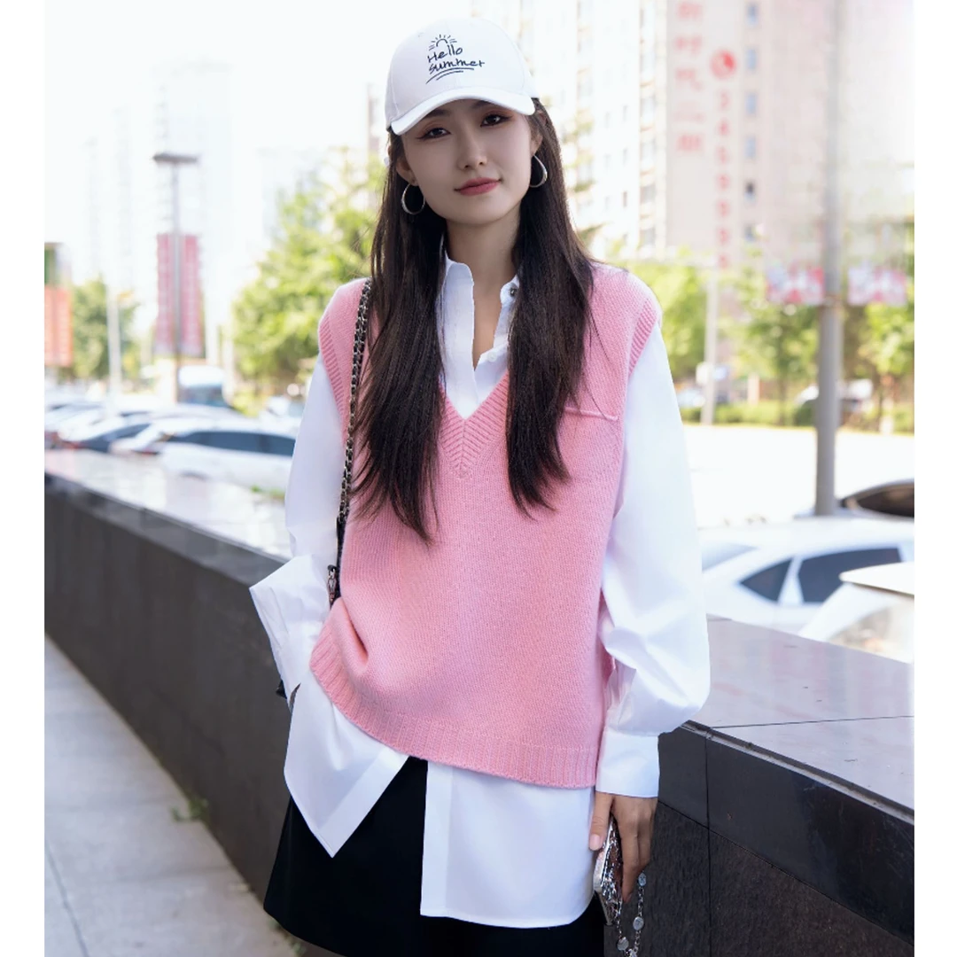 阿玛施AMAS【凹造型】时尚百搭v领针织马甲女款5399256