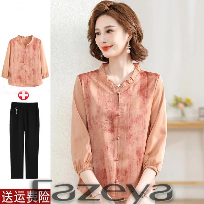 彩羊妈妈春装新款七分袖上衣洋气小衫中老年女春夏季中