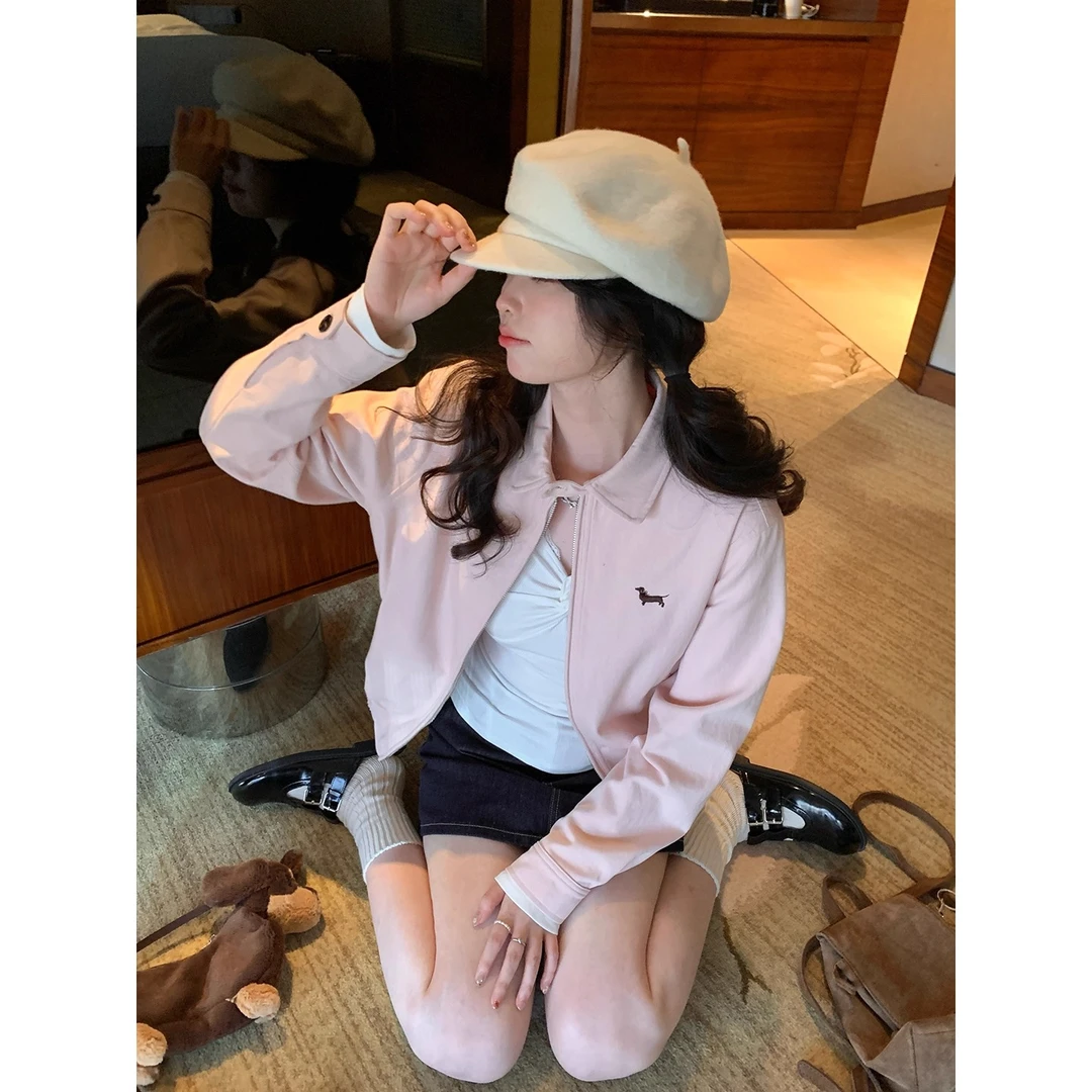 桃乐茜梦 粉色腊肠狗刺绣夹克女秋韩系宽松休闲翻领外套2041浪