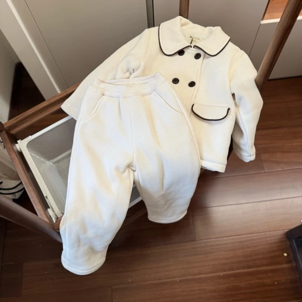 【编号N838】69163-12-儿童翻领灯芯绒加厚套装米白色-LGG