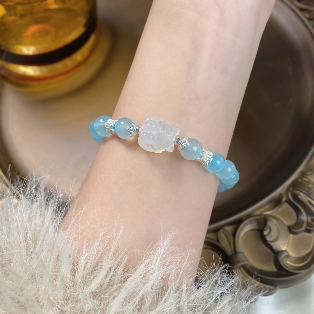 天然海蓝宝九尾狐轻奢气质单圈手串手链女A0047