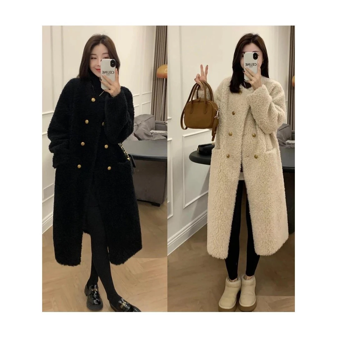 小香风双排扣大衣女冬季慵懒穿搭加厚保暖皮毛一体中长外套