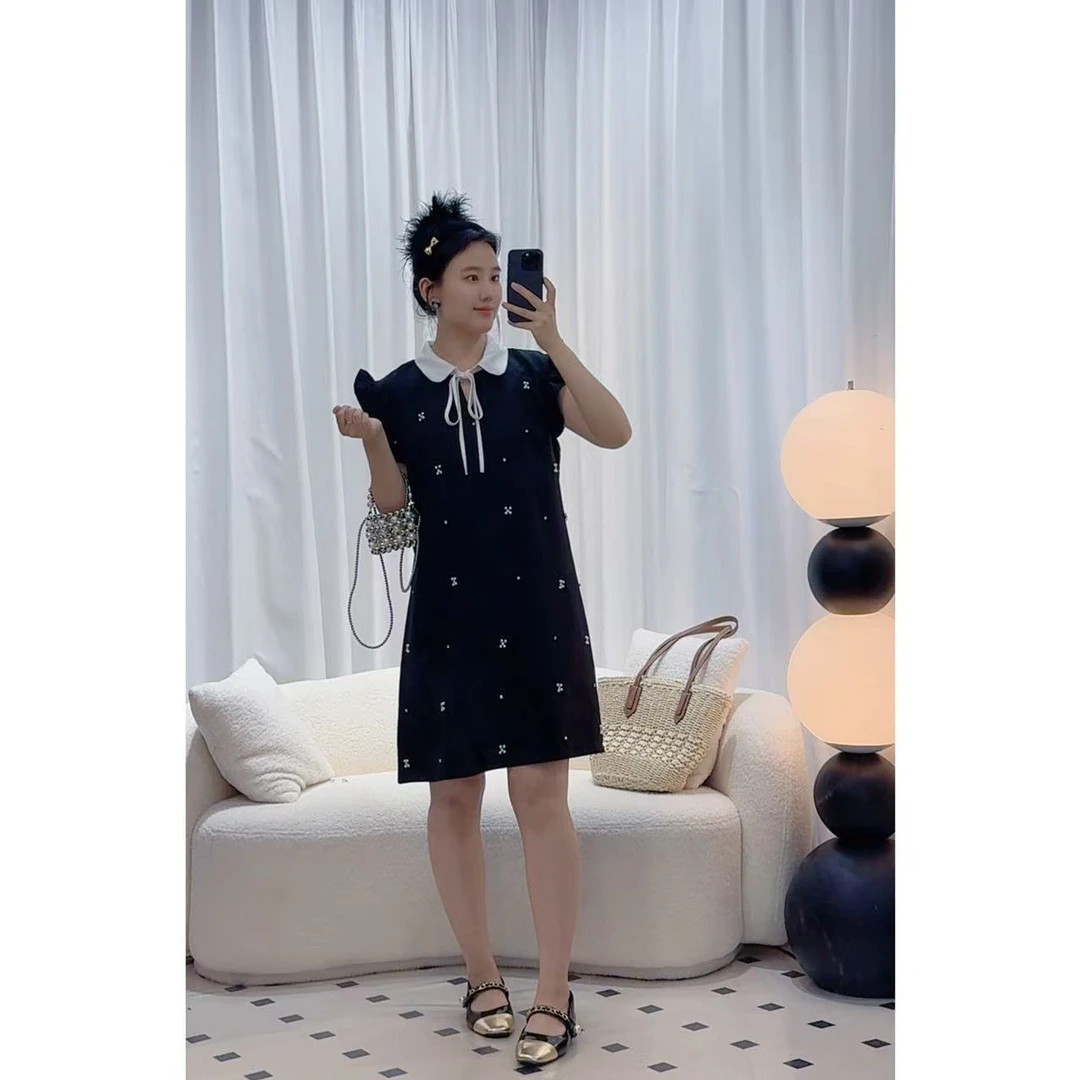 法式名媛风小飞袖娃娃领撞色系带显瘦减龄夏季连衣裙