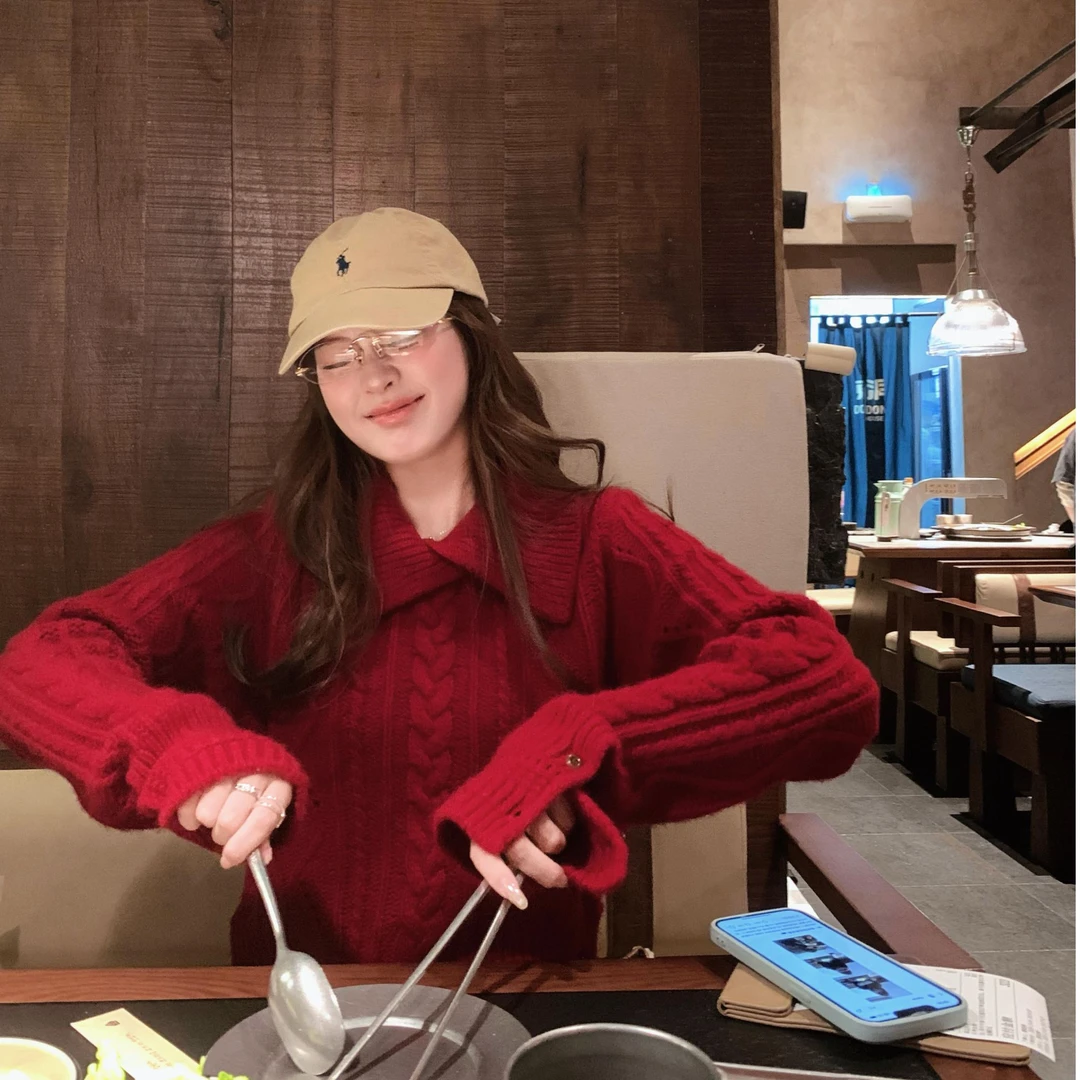 新年圣诞穿搭红色毛衣女秋冬韩系慵懒宽松针织衫设计感打底衫上衣