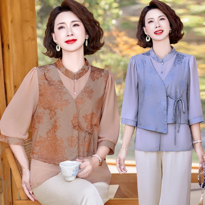 母亲节衣服新中式妈妈夏装假两件衬衫阔腿裤洋气中老年上衣套装