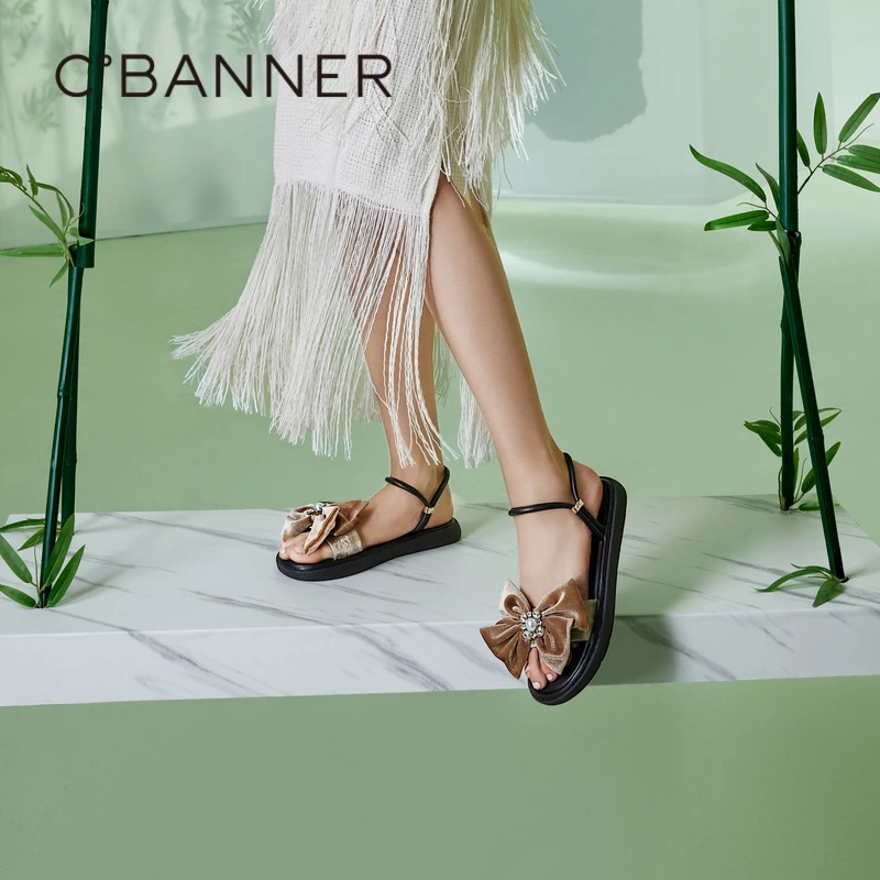 C.BANNER/千百度蝴蝶结一字拖女款夏季平底穿休闲凉拖鞋A24375170