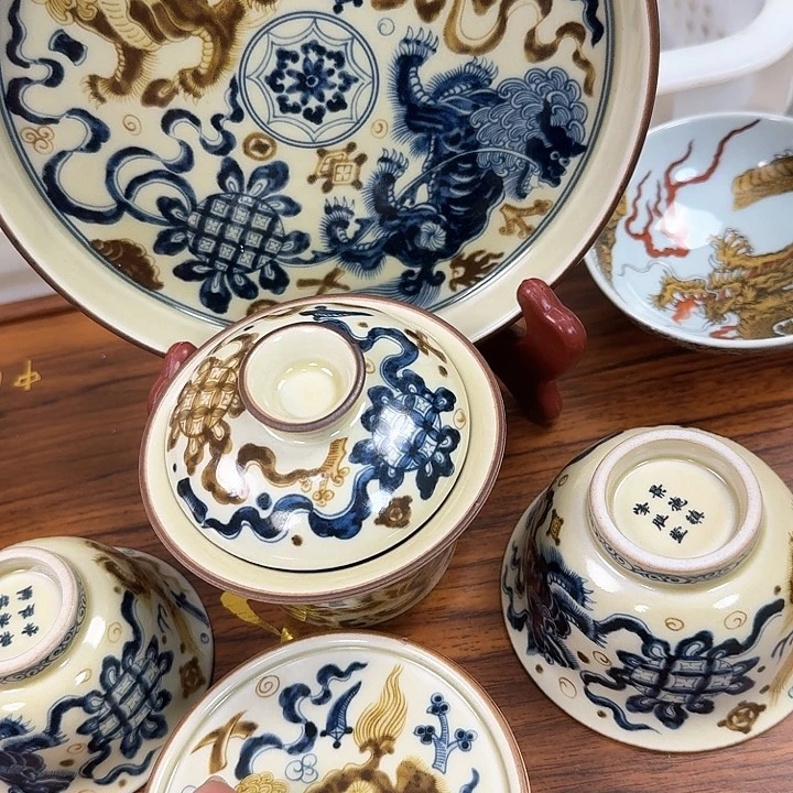 瓷片釉里金狮子5件套景德镇