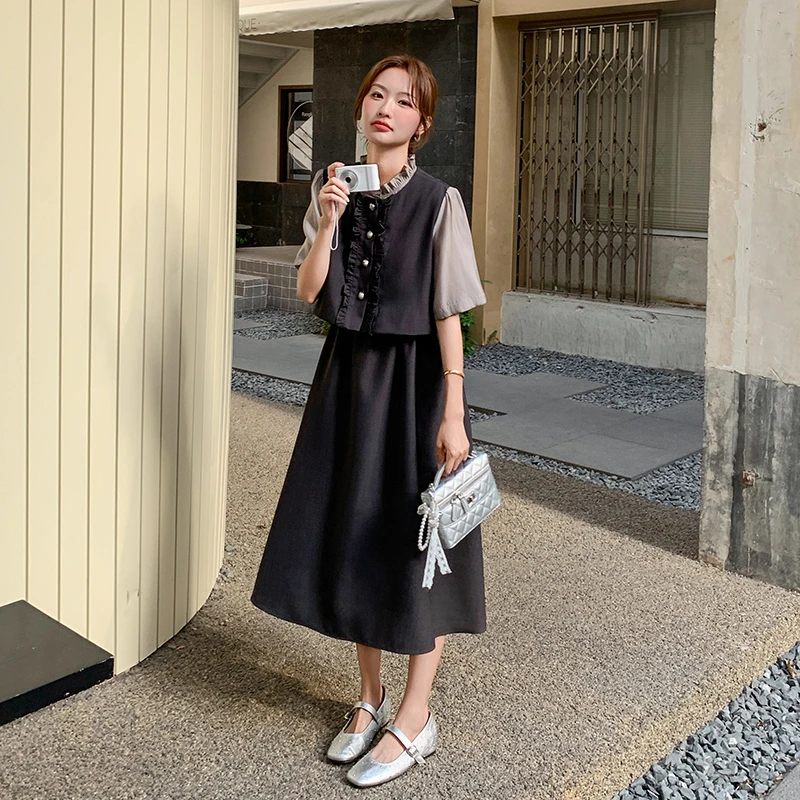 灰色假两件拼接连衣裙女夏季新款漂亮气质减龄显瘦高级感法式长裙