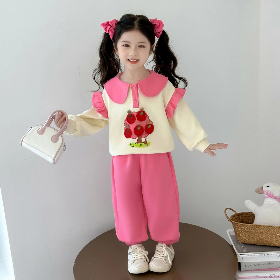 女童炸街套装秋装2025新款儿童娃娃领卫衣女宝宝苹果树休闲两件套
