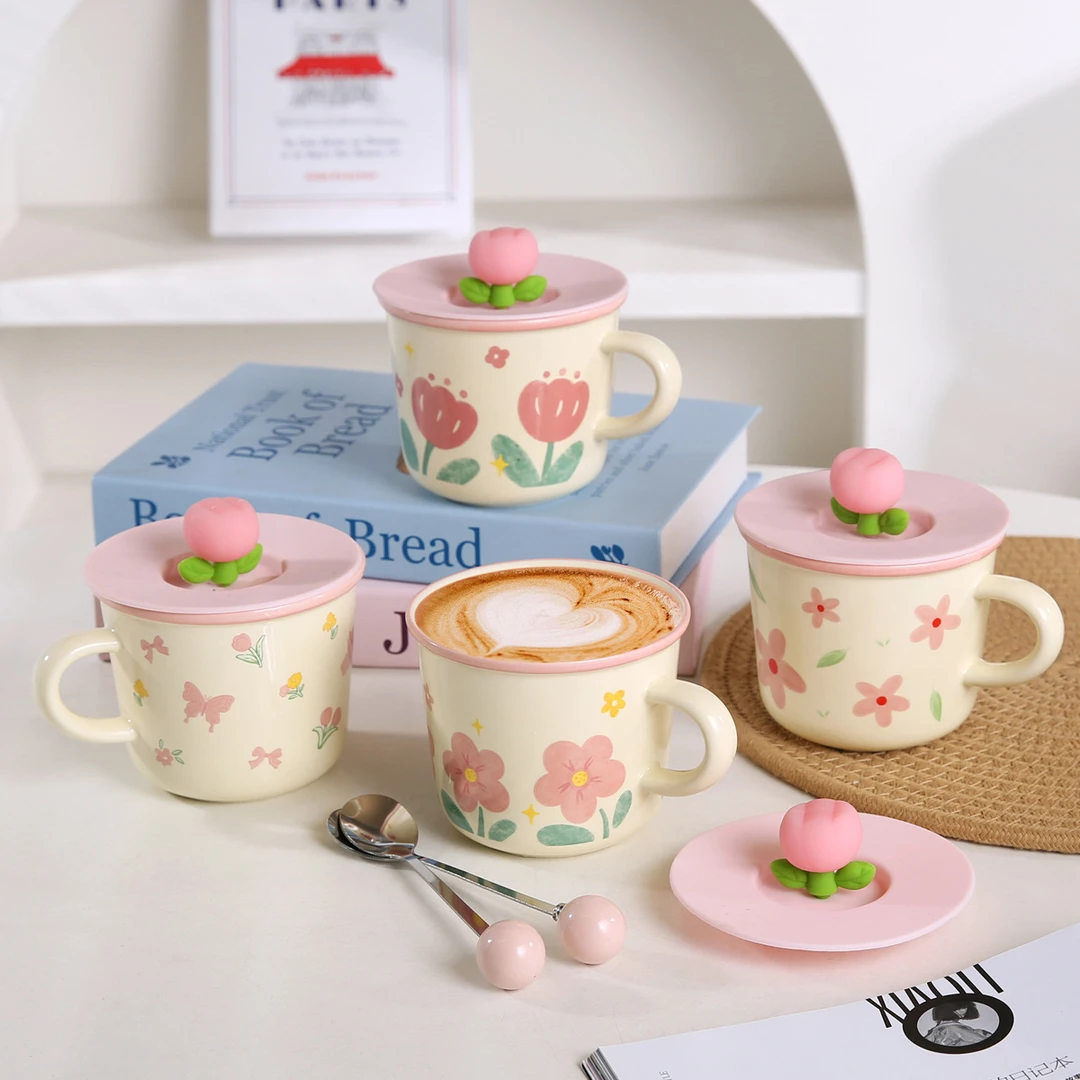 ins小清新郁金香水杯少女心学生带盖勺办公室马克杯家用陶瓷水杯