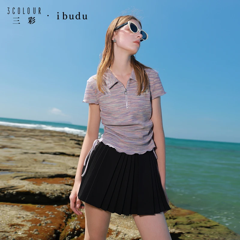 三彩ibudu2025夏季新款晕染华夫格T恤短袖修身上衣女