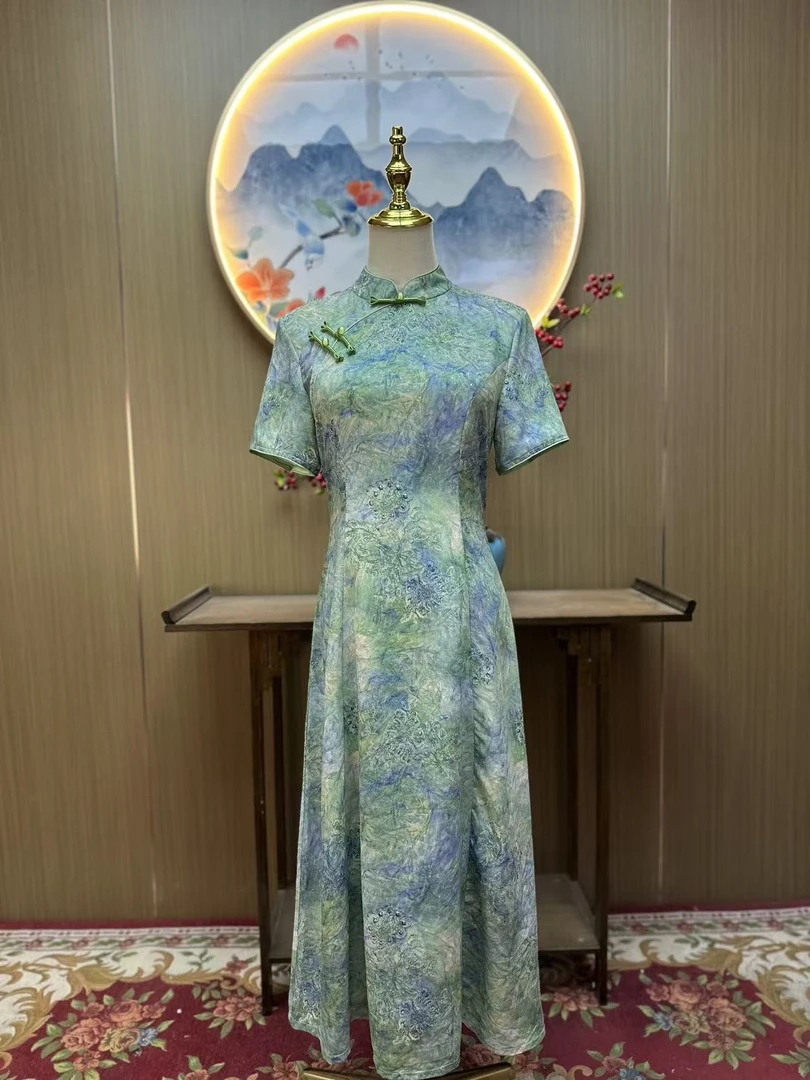 画影绿 国风日常气质优雅显瘦长款奥黛改良旗袍