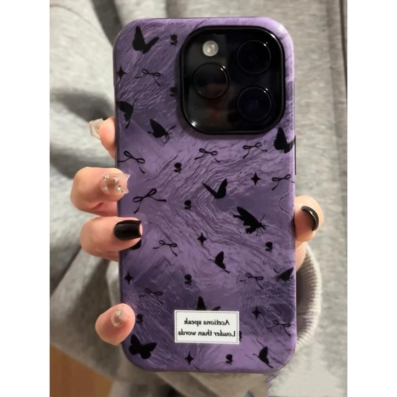 奥菲顿紫底黑蝴蝶适用iPhone161514菲林手机壳华为vivo小米oppo套