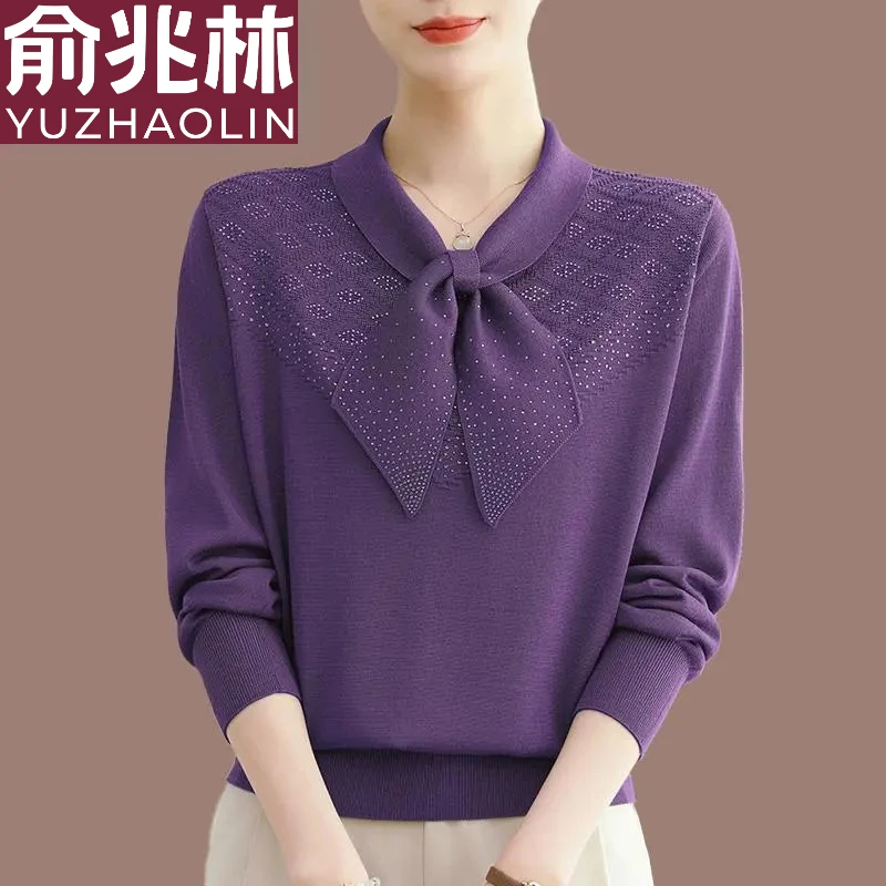 桑蚕丝长袖针织衫女2025春秋新款中年妈妈薄款翻领大码时尚洋气