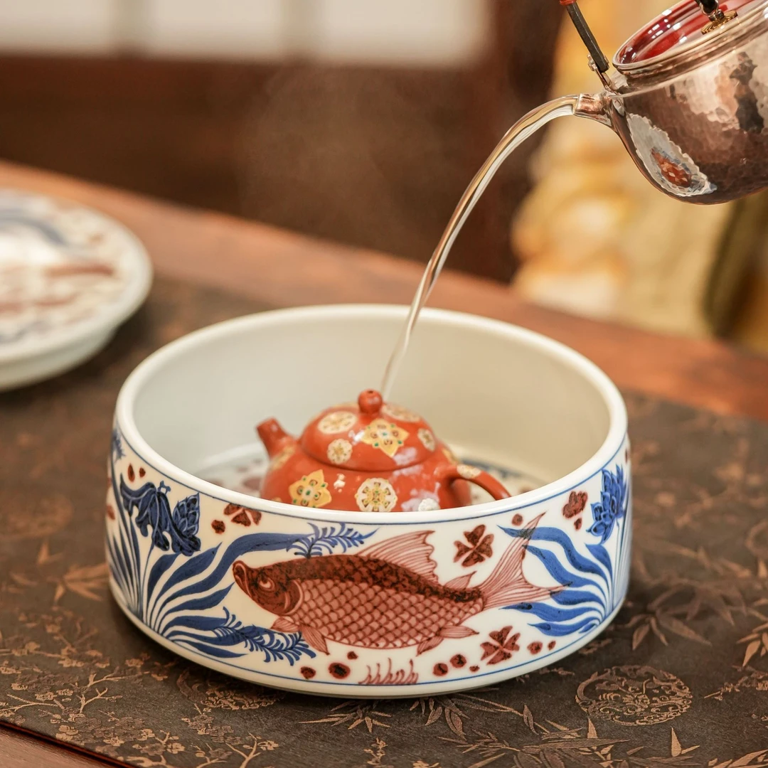 畅怀堂 青花釉里红鱼藻纹捧盒干泡台 名窑陶瓷高端茶器