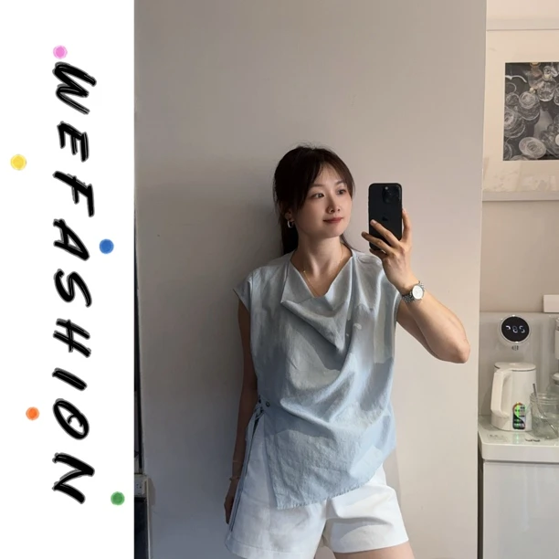 【WE】韩系不规则荡领收腰气质系带无袖小衫