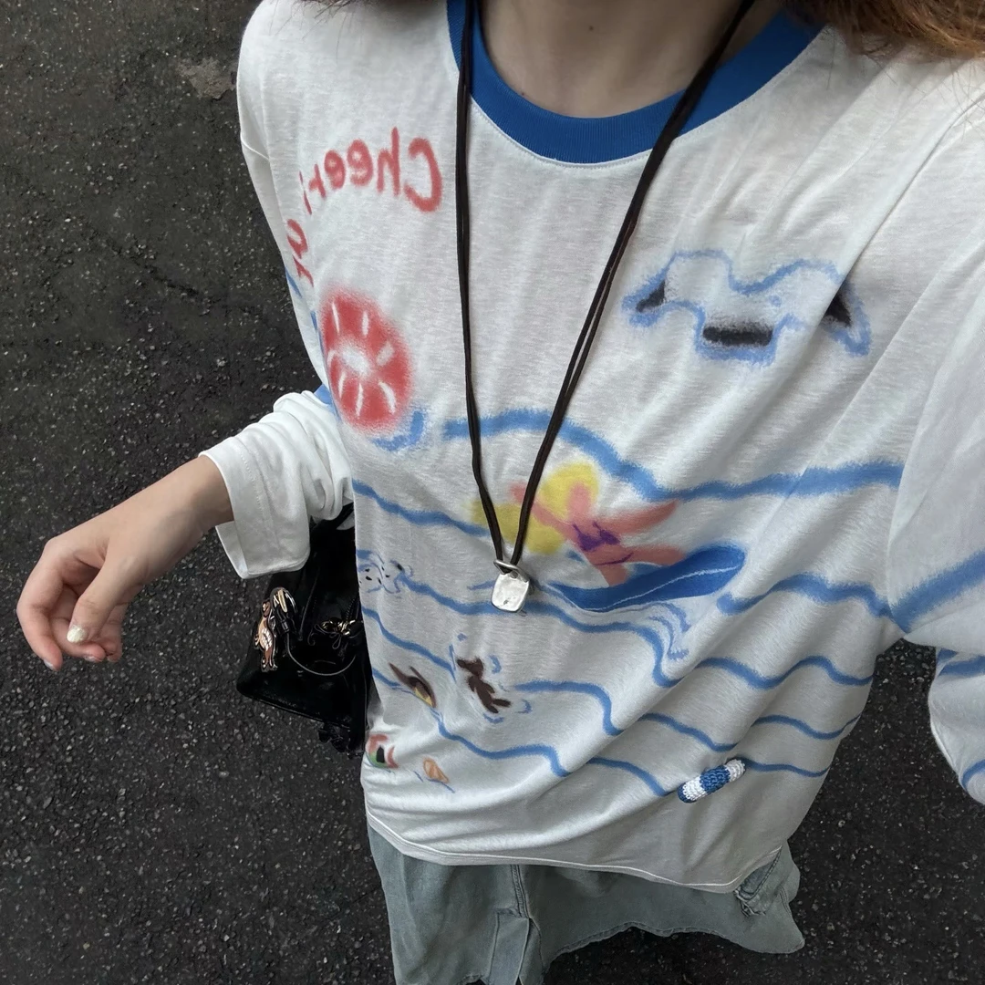 【冲浪沙滩】Y韩单ER莱赛尔撞色领长袖衫百搭显瘦纸片人长袖打底衫