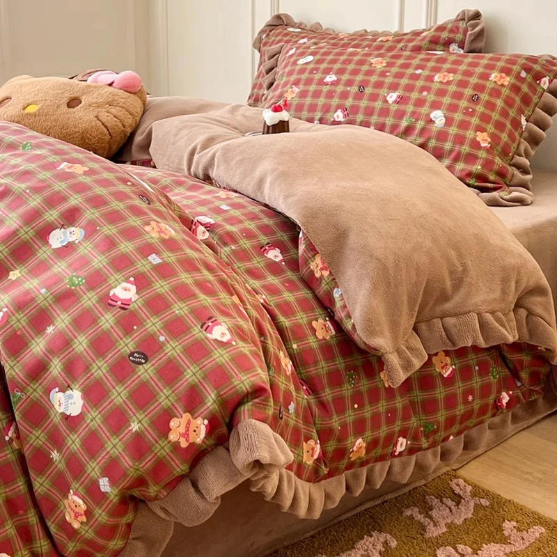 公主风冬季ab面纯棉牛奶绒床上四件套全棉加绒被套床单珊瑚绒床品