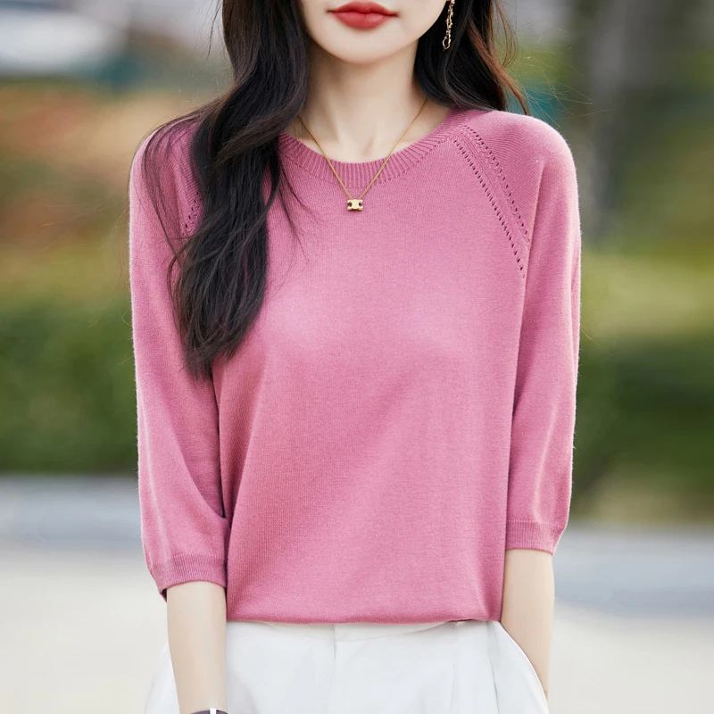 建议多色必入~一线成衣圆领九分袖娟丝羊毛T恤衫