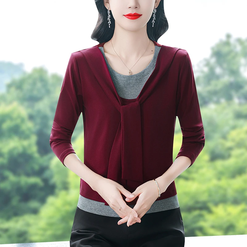 秋冬设计感气质打底衫减龄修身显瘦假两件长袖T恤飘带时尚上衣女