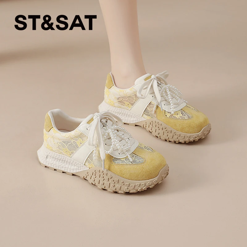 星期六芭蕾德训鞋女士2025新款夏季透气网鞋阿甘鞋蕾丝厚底休闲鞋