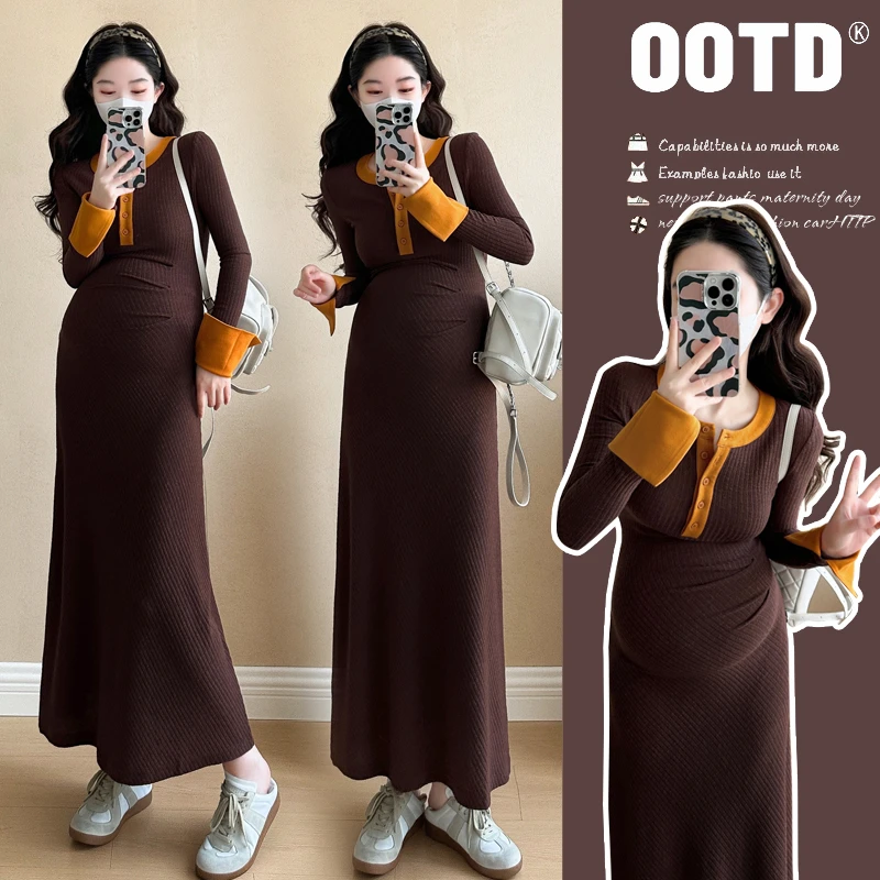 孕妇装爆款洋气舒适长袖针织连衣裙气质时尚穿搭内搭撞色长裙秋款