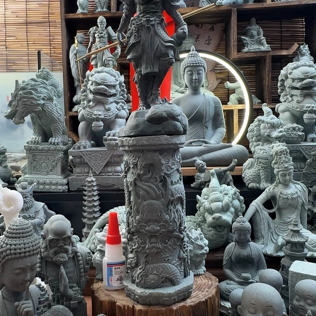 石材大龙柱加黑神话大悟空 两件套