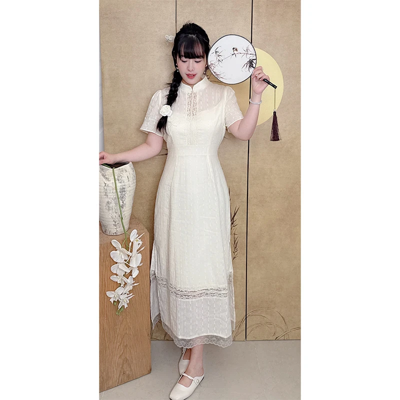 码加加现货51108新中式夏季胖MM新款蕾丝镂空立领盘扣旗袍连衣裙