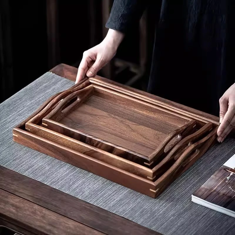 【空境茶舍】胡桃茶托盘中式复古轻奢纯色家用长方形盘子40*30*5