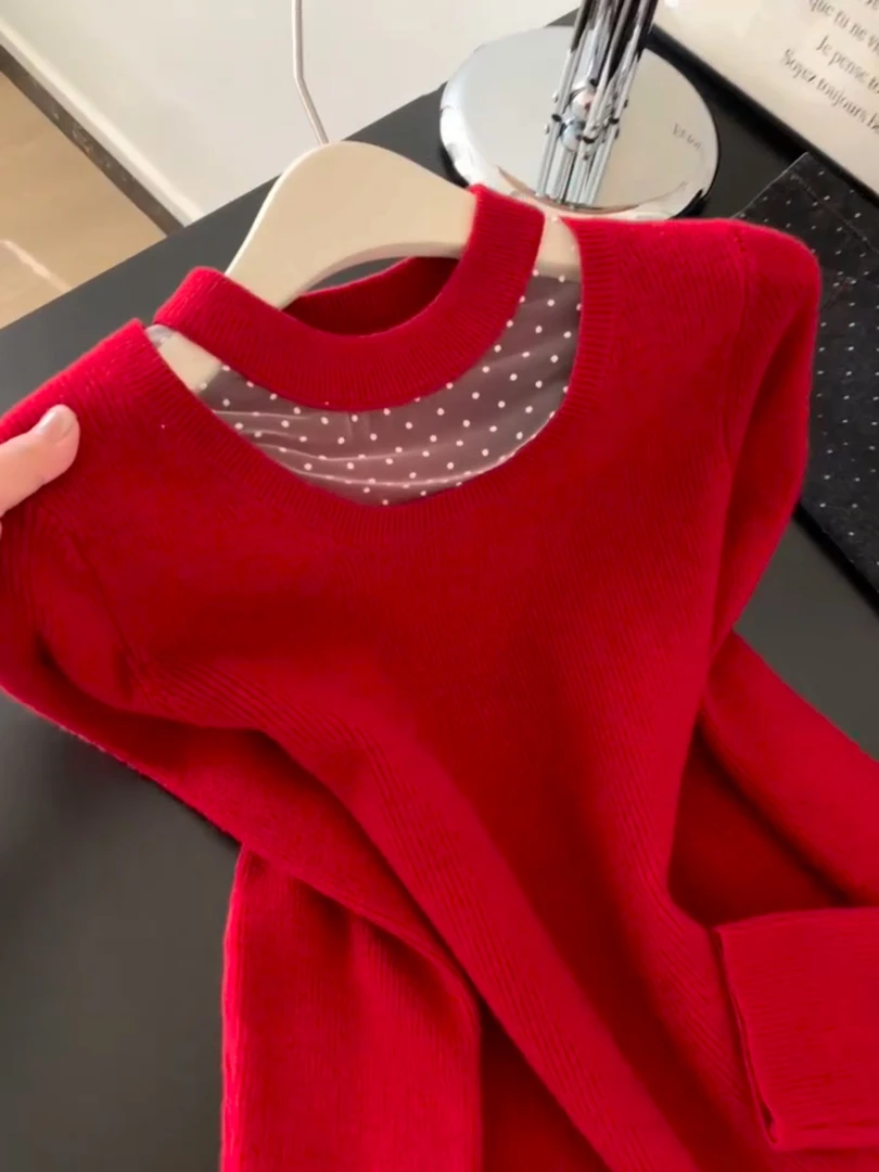 2025韩系时尚圣诞红网纱拼接圆领针织毛衣女秋冬新款设计感上衣