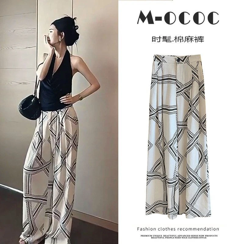 【度假风】棉亚麻印花休闲高腰直筒裤2025夏季新款垂感显瘦遮肉长裤