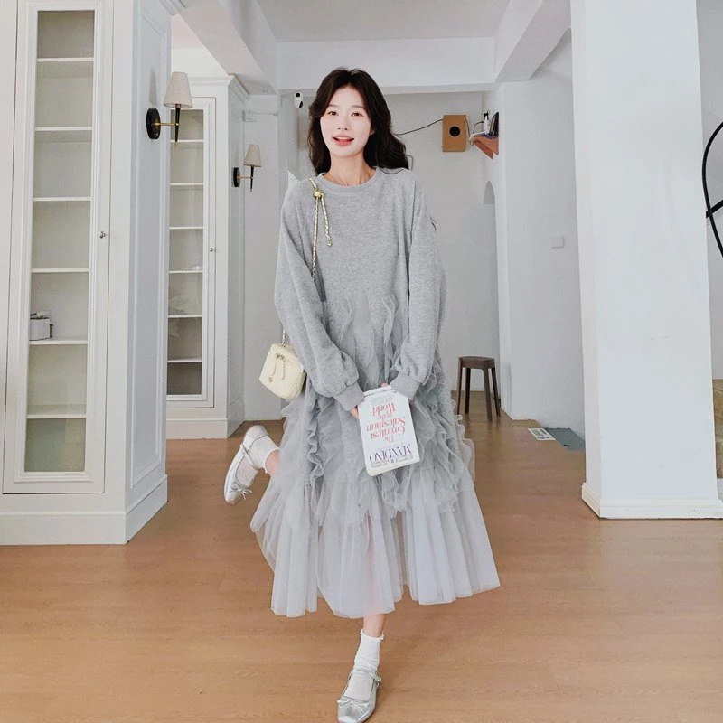 灰色网纱拼接卫衣裙女春秋2025新款法式设计感甜美超仙减龄长裙子
