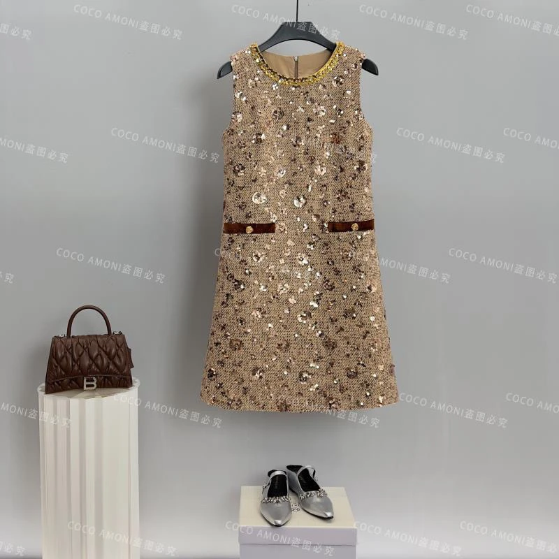 大码女装小香风圆领无袖收腰显瘦连衣裙秋冬气质百搭高级感内搭裙