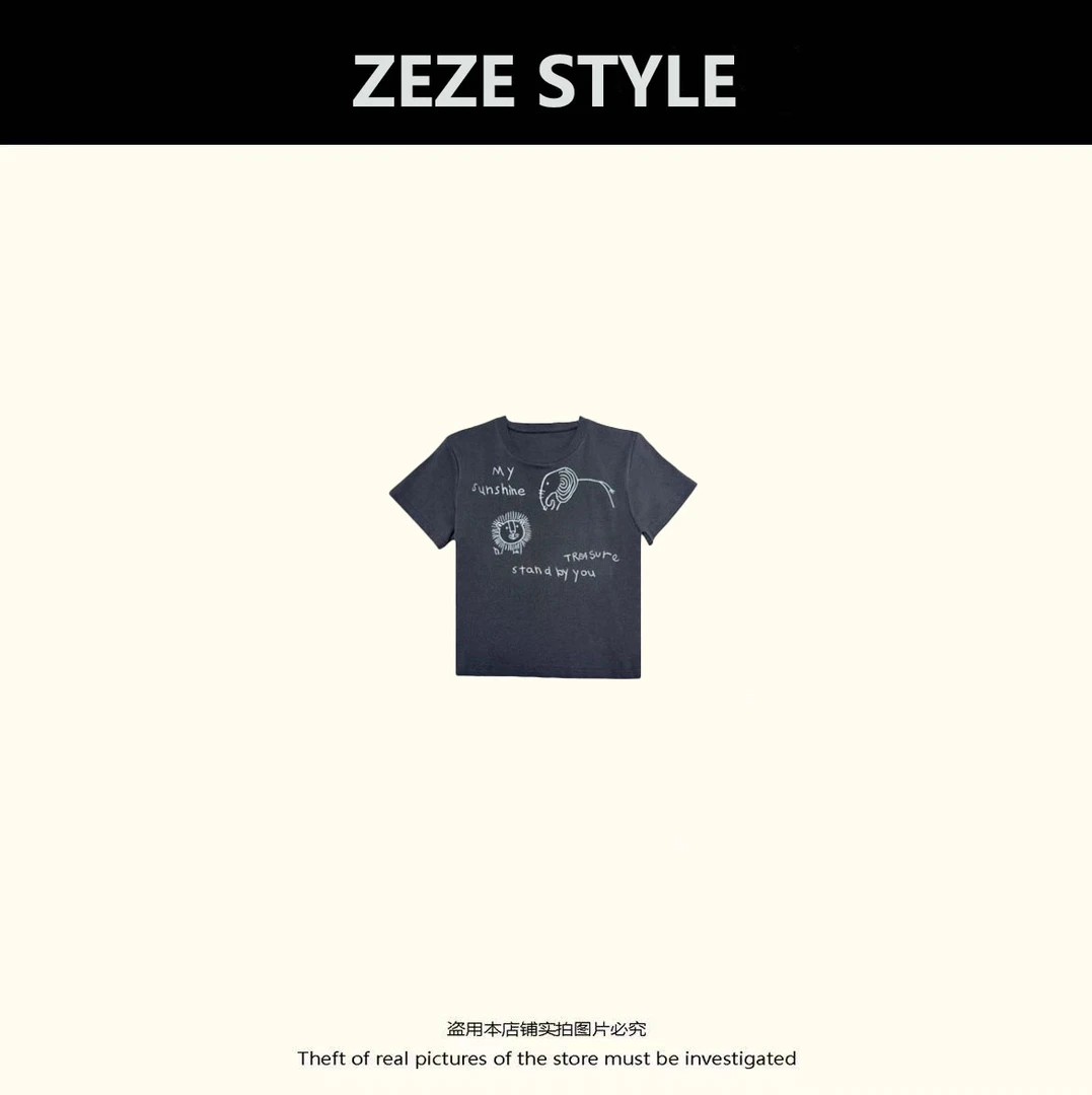 【多多专属】小众设计大象狮子刺绣洋气修身短袖T恤女夏季2025新款