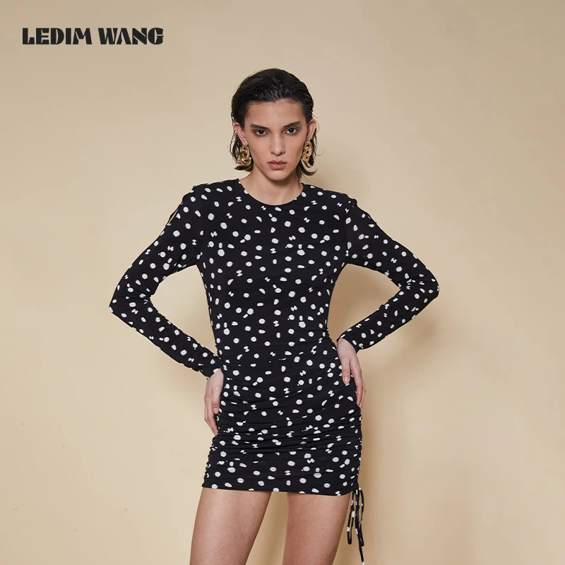 1LEDIM WANG印花抽褶连衣裙女镂空清凉感波点收腰显瘦气质包臀裙