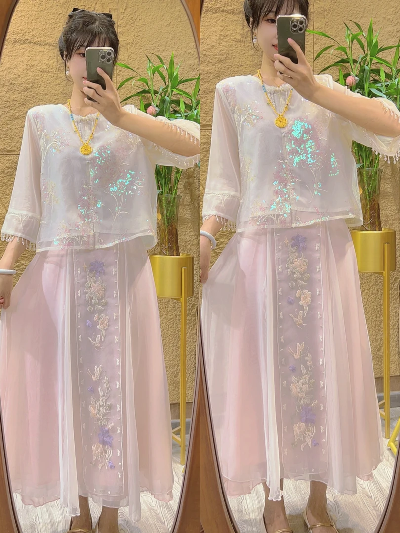 628壹新中式古风汉服改良圆领刺绣上衣国风半身裙套装女夏日常