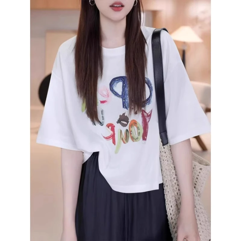 彩色字母印花短袖t恤女2025年夏季新款女士体恤宽松显瘦短款上衣