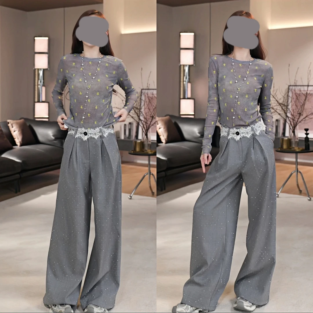 高级感老钱风套装女印花长袖防晒衫亮钻阔腿裤两件套夏季